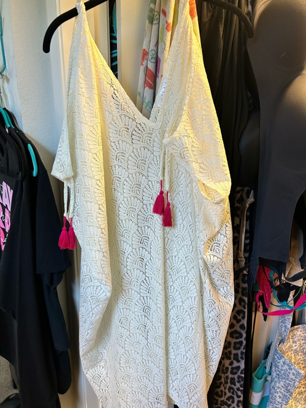 Ivory Crochet Cover-Up with Pink Tassels
